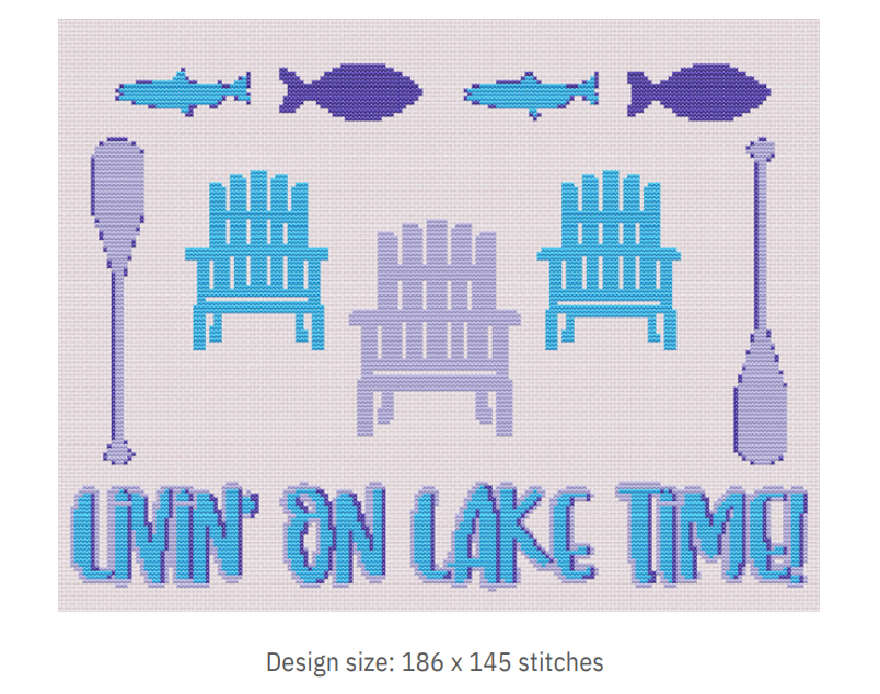 Lake Life Cross Stitch Kit – DIY Embroidery with 12” Hoop, “Livin’ on Lake Time” Counted Pattern with Adirondack Chairs, Paddles & Fish
