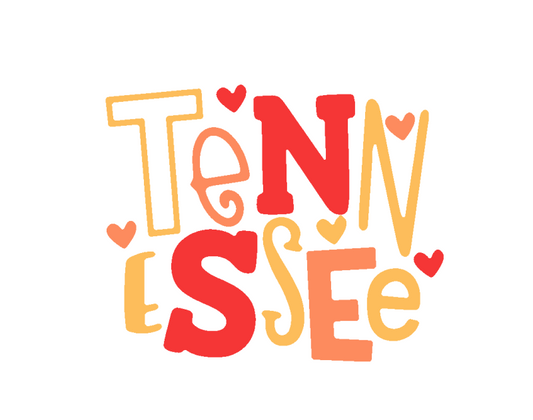 Colorful text 'Tennessee' with heart decorations on a white background